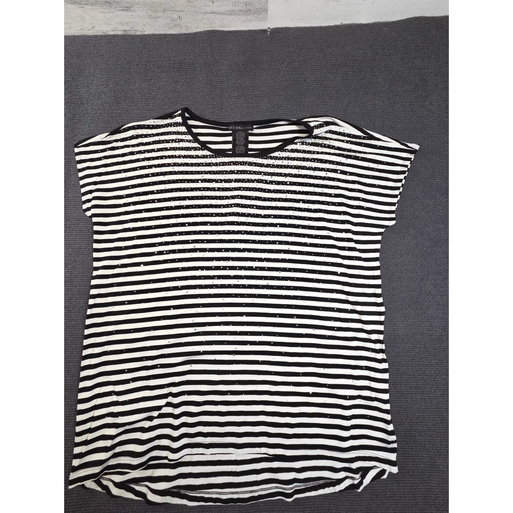 Design History Top Women Large Black White Stripe Rhinestone Studded NWT